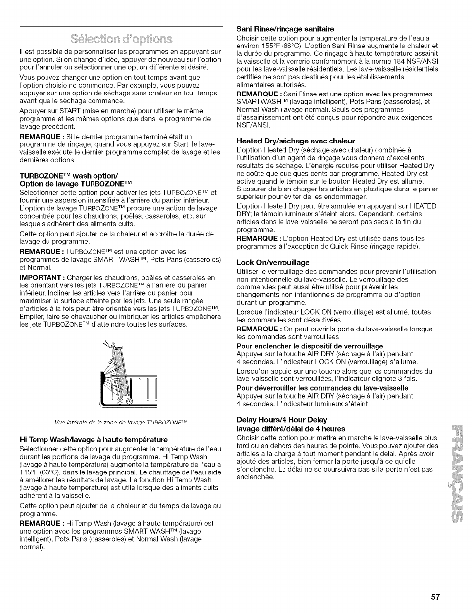 Turbozone^"^ wash option, Hi temp wash/lavage à haute température, Sani rinse/rinçage sanitaire | Heated dry/séchage avec chaleur, Lock on/verrouillage | Kenmore 665.1629 User Manual | Page 57 / 64