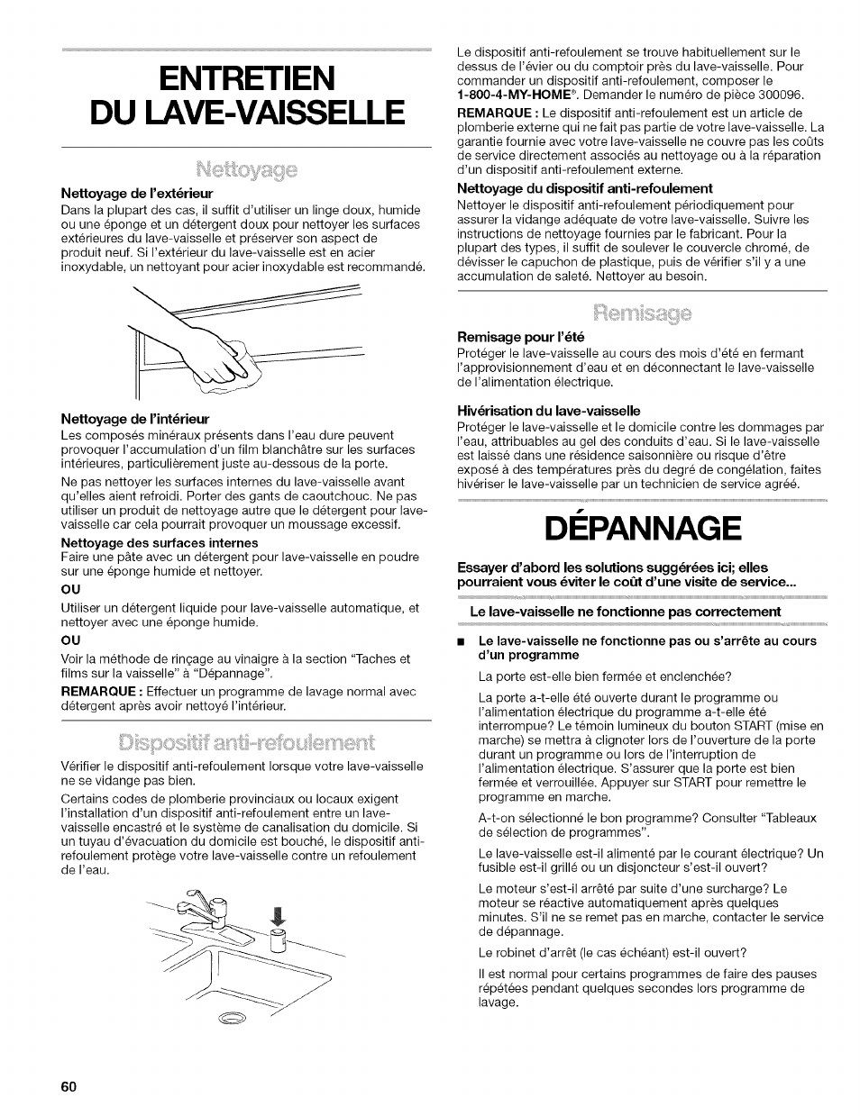 Entretien du lave-vaisselle, Dépannage | Kenmore 665.1629 User Manual | Page 60 / 64