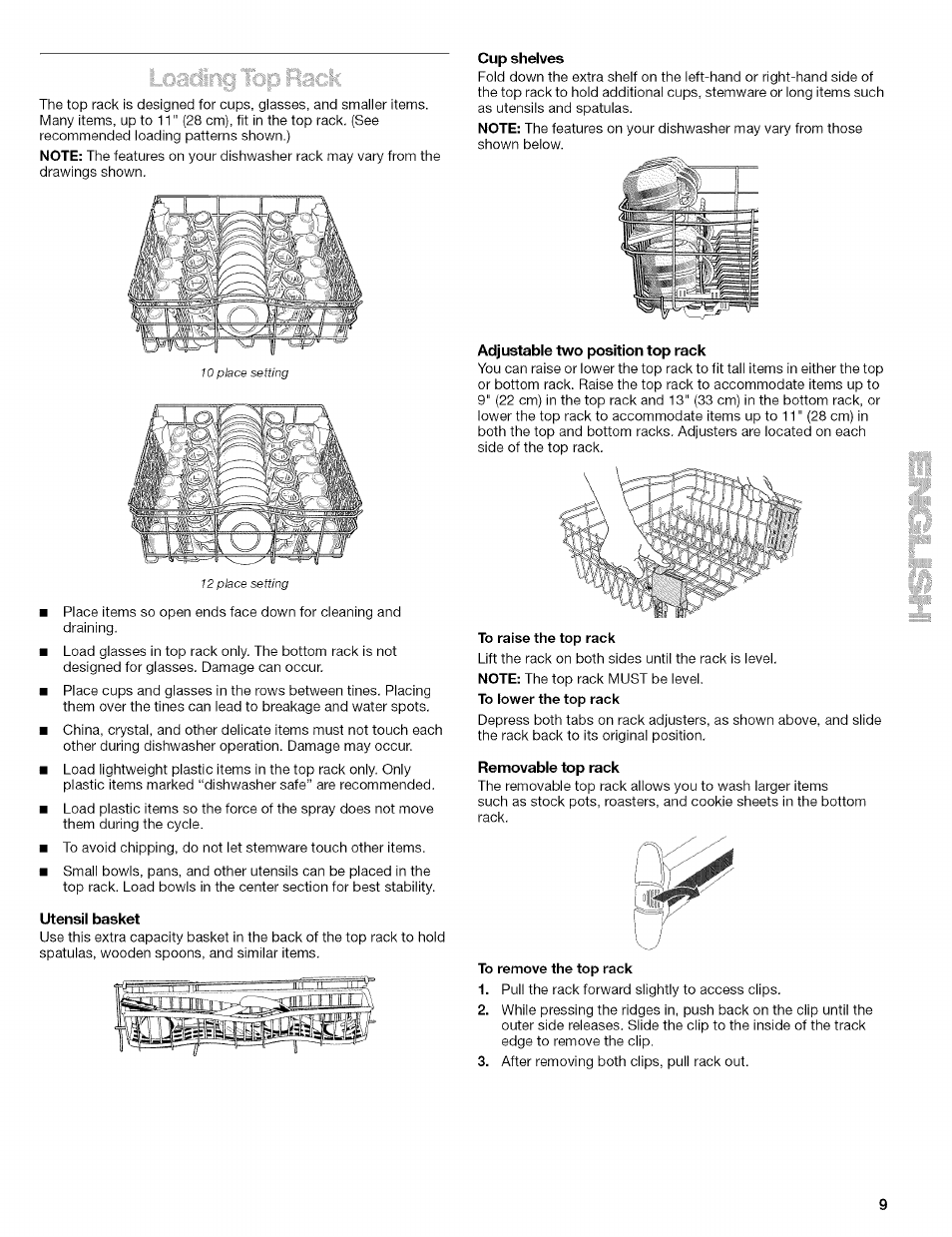 Utensil basket, Cup shelves, Adjustable two position top rack | Removable top rack | Kenmore 665.1629 User Manual | Page 9 / 64