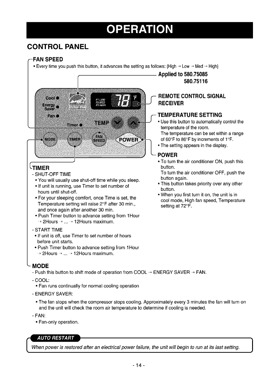 Conxfiol, Fan speed, Applied to 580.75085 580.75116 | Timer, Mode, Operation | Kenmore 580.75116 User Manual | Page 14 / 40