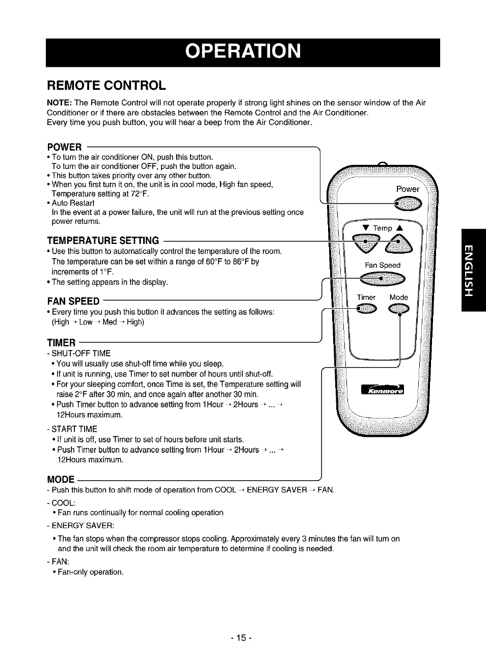 Rgiyiote control, Power, Temperature setting | Fan speed, Timer, Mode, Remote control, Operation | Kenmore 580.75116 User Manual | Page 15 / 40