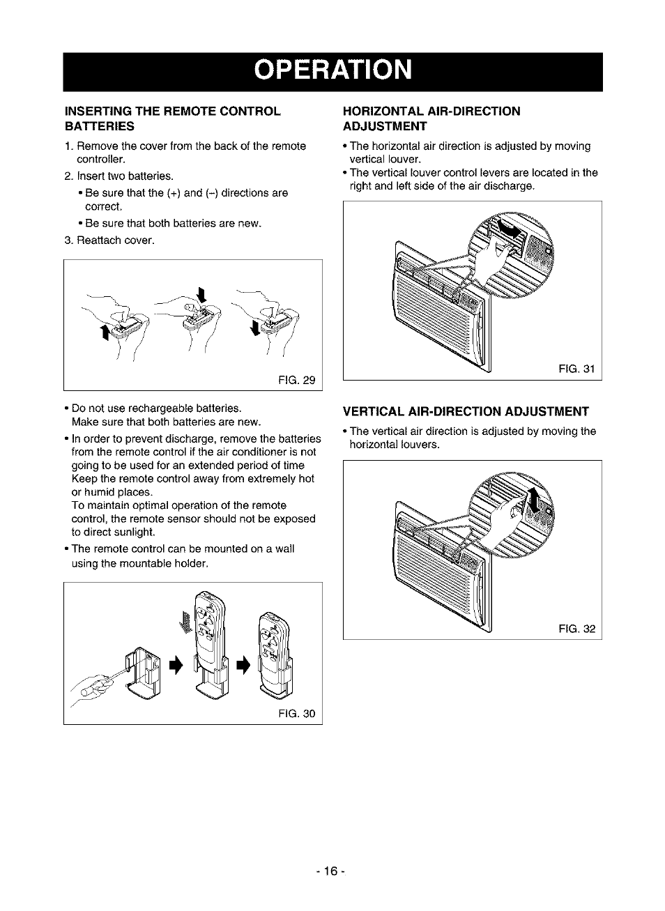 Inserting the remote control batteries, Horizontal air-direction adjustment, Vertical air-direction adjustment | Operation | Kenmore 580.75116 User Manual | Page 16 / 40