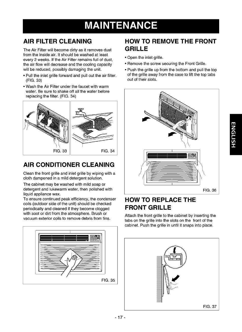 Maintenance, Air conditioner cleaning, How to remove the front grille | Air filter cleaning, How to | Kenmore 580.75116 User Manual | Page 17 / 40