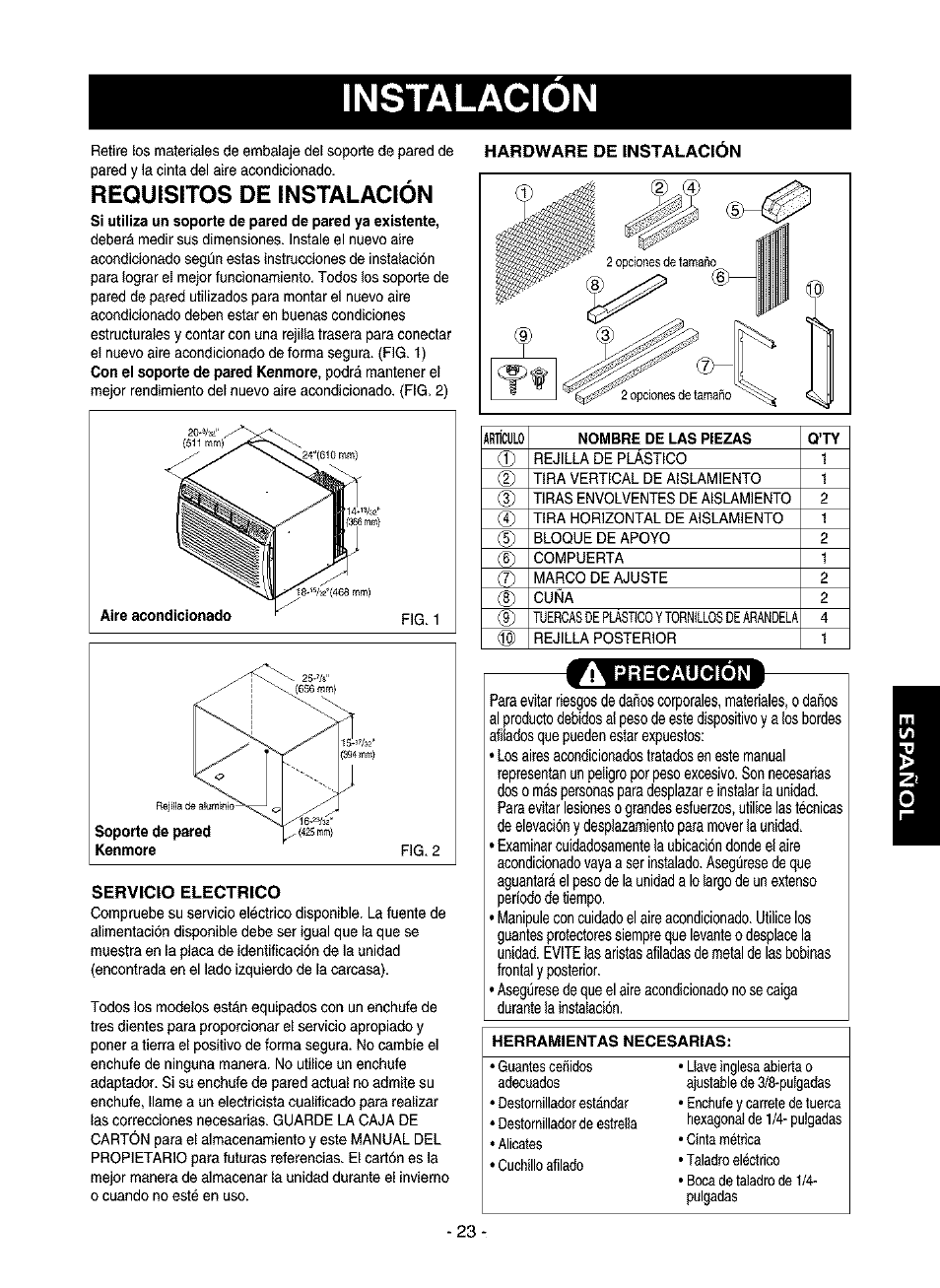 Requisitos de instalación, Servicio electrico, Hardware de instalacion | Instalacion, C4-) | Kenmore 580.75116 User Manual | Page 23 / 40