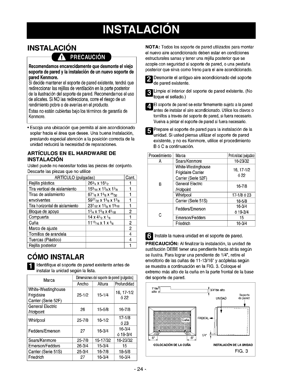 Instalacion, A precaución, Instalación | Como instalar | Kenmore 580.75116 User Manual | Page 24 / 40