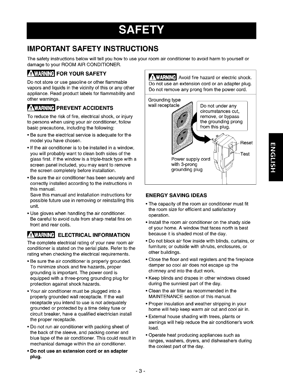 Safety, Important safety instructions, For your safety | Prevent accidents, Electrical information, Energy saving ideas | Kenmore 580.75116 User Manual | Page 3 / 40