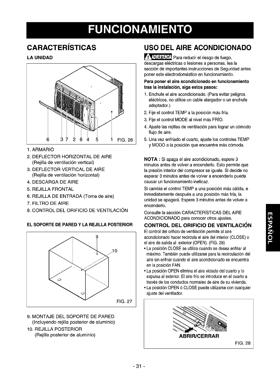 Caracteristicas, Uso del aire acondicionado, Control del orificio de ventilación | Características, Funcionamiento | Kenmore 580.75116 User Manual | Page 31 / 40