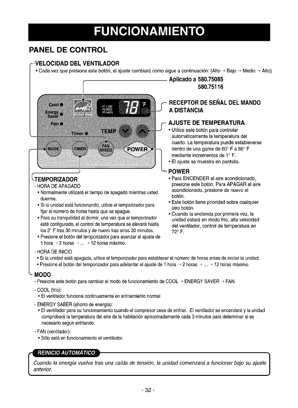 Panel de control, Funcionamiento, Reinicio automatico | Kenmore 580.75116 User Manual | Page 32 / 40