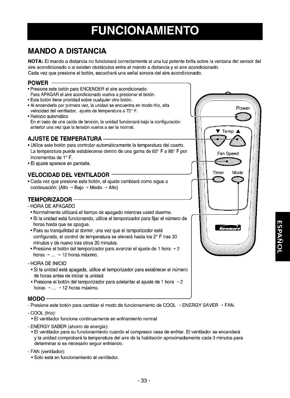 Mando a distancia, Funcionamiento | Kenmore 580.75116 User Manual | Page 33 / 40