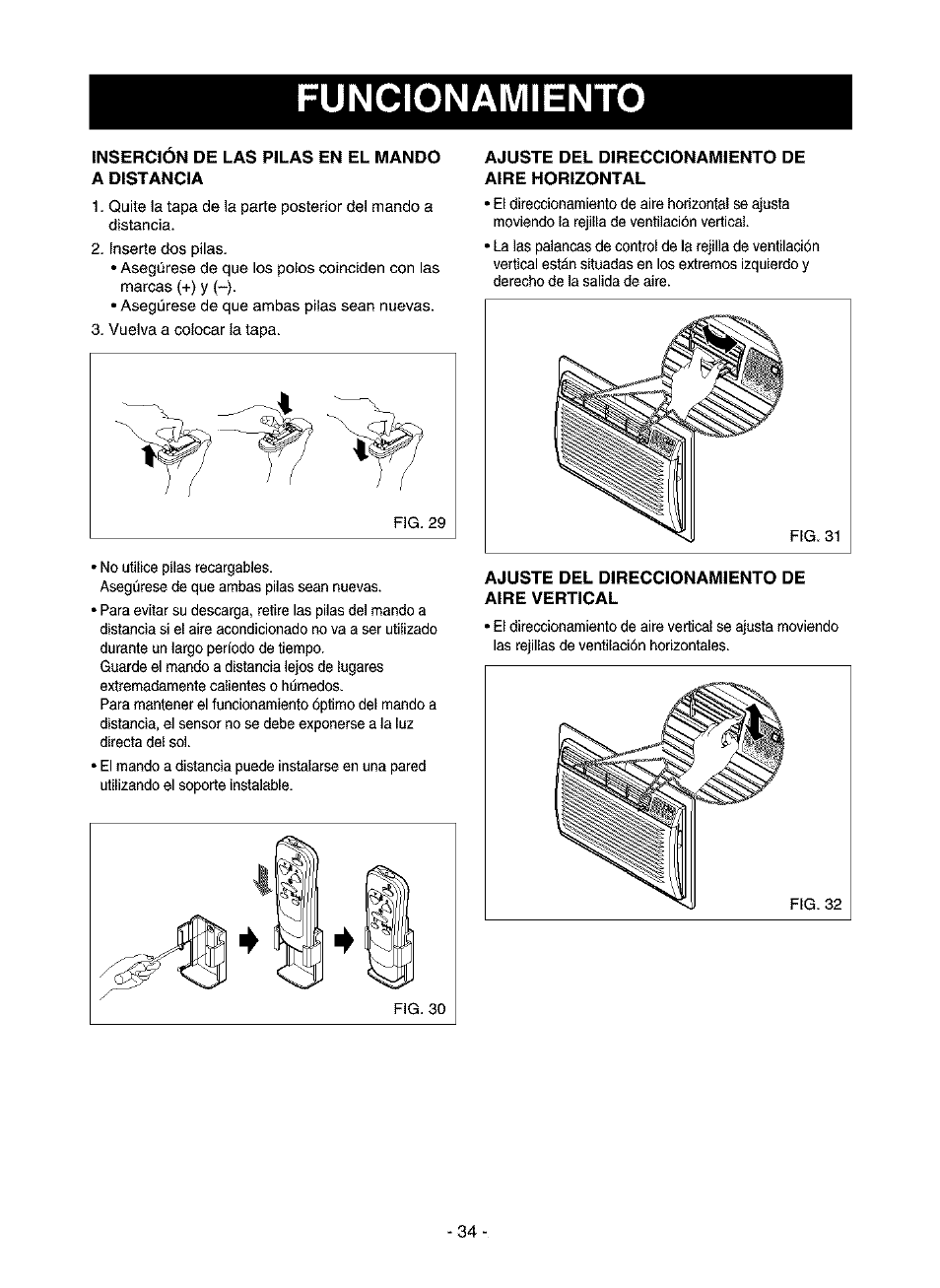 Insercion de las pilas en el mando a distancia, Ajuste del direccionamiento de, Aire horizontal | Ajuste del direccionamiento de aire vertical, Funcionamiento | Kenmore 580.75116 User Manual | Page 34 / 40