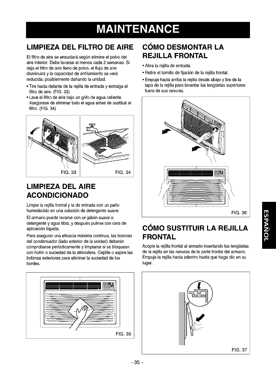 Maintenance, L_ll^pig2:a del filtro de aire, Acondicionado | Rejilla frontal, Como sustituir la rejilla, Limpieza del filtro de aire, Cómo sustituir la rejilla frontal, L_ll^pig2:a del, De aire, Como | Kenmore 580.75116 User Manual | Page 35 / 40