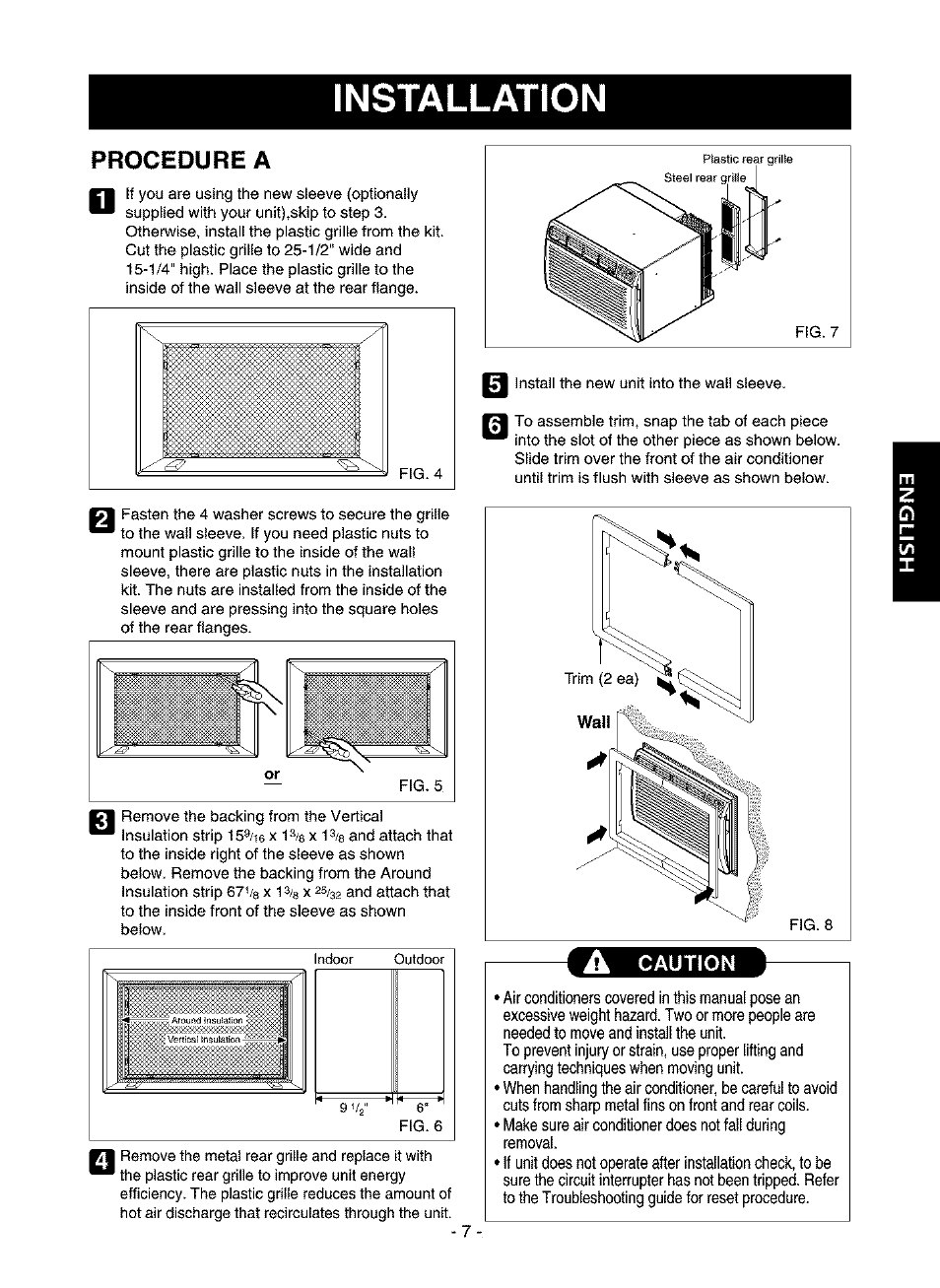 A caution, Installation, Procedure | Kenmore 580.75116 User Manual | Page 7 / 40