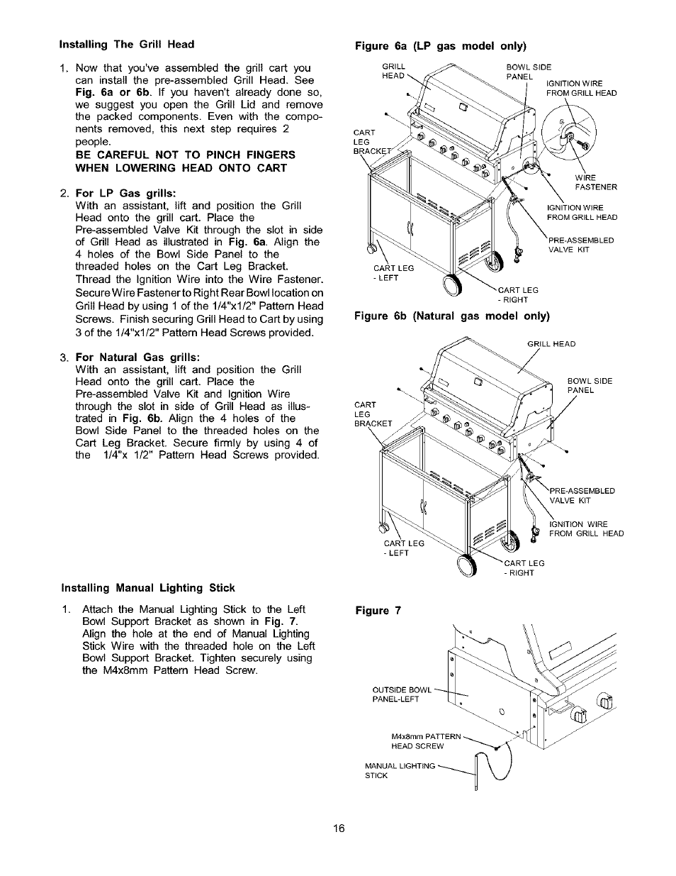 For lp gas grills, For natural gas grills, Installing manual lighting stick | Kenmore 141.17337 User Manual | Page 16 / 43