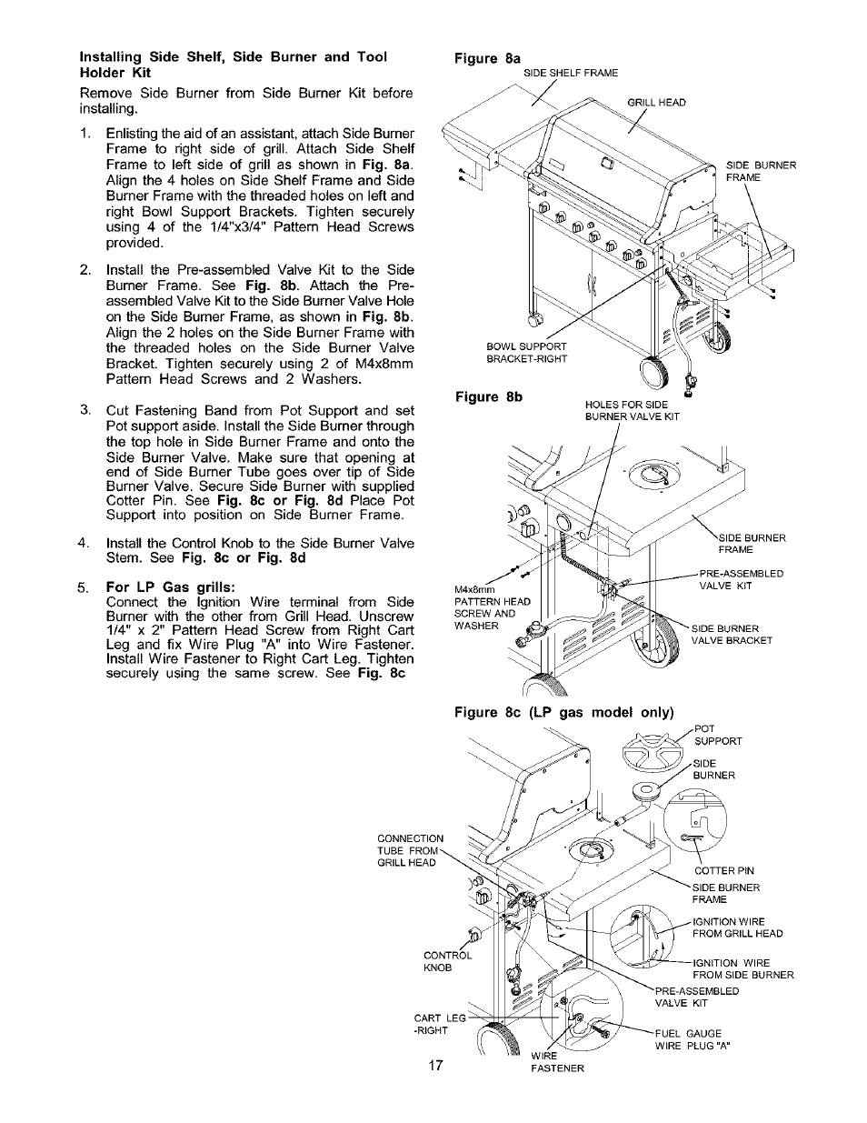 Installing side shelf, side burner and tool, For lp gas grills | Kenmore 141.17337 User Manual | Page 17 / 43