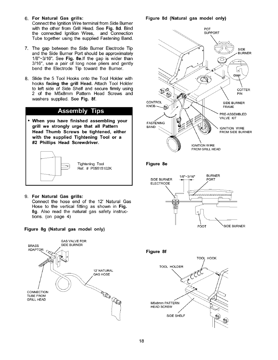 For natural gas grills, Assembly tips, Figure 8g (natural gas model only) | Figure 8f | Kenmore 141.17337 User Manual | Page 18 / 43
