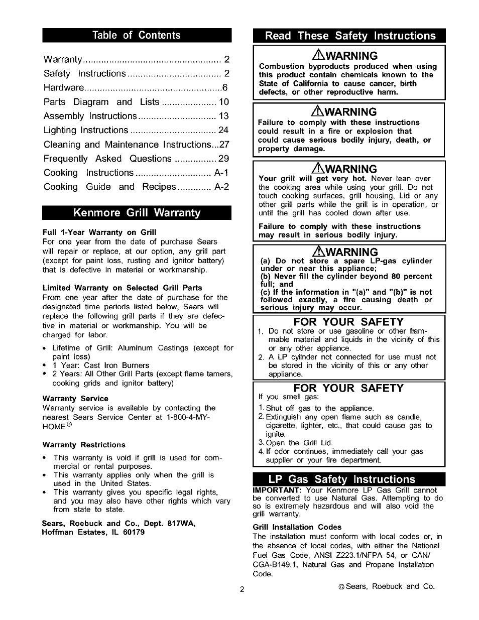 Kenmore grill warranty, Read these safety instructions, For your safety | Lp gas safety instructions | Kenmore 141.17337 User Manual | Page 2 / 43