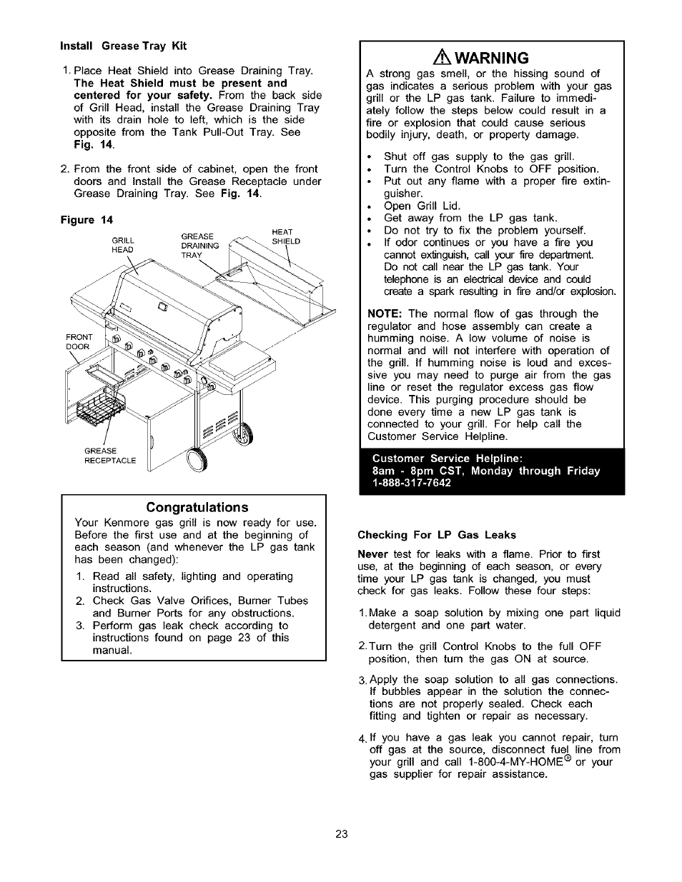 Install grease tray kit, A warning, Customer service helpline | Checking for lp gas leaks, Warning | Kenmore 141.17337 User Manual | Page 23 / 43