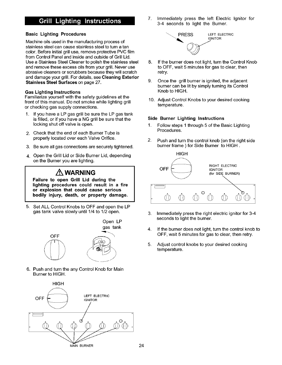 Grill lighting instructions, Sasic lighting procedures, Gas lighting instructions | Side burner lighting instructions | Kenmore 141.17337 User Manual | Page 24 / 43