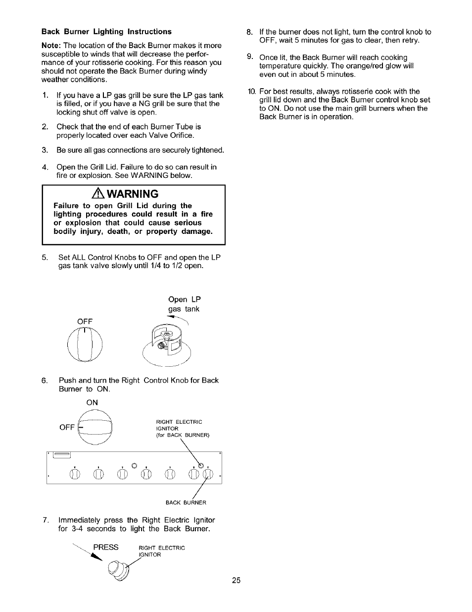 Back burner lighting instructions, A warning, Warning | Kenmore 141.17337 User Manual | Page 25 / 43