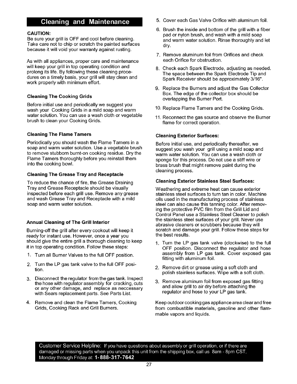 Cleaning and maintenance, Caution, Cleaning the cooking grids | Cleaning the flame tamers, Cleaning the grease tray and receptacle, Annual cleaning of the grill interior, Cleaning exterior surfaces, Cleaning exterior stainless steel surfaces | Kenmore 141.17337 User Manual | Page 27 / 43