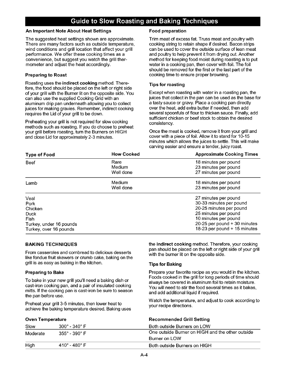 Guide to slow roasting and baking techniques, An important note about heat settings, Preparing to roast | Food preparation, Tips for roasting, Baking techniques, Preparing to bake, Tips for baking | Kenmore 141.17337 User Manual | Page 33 / 43