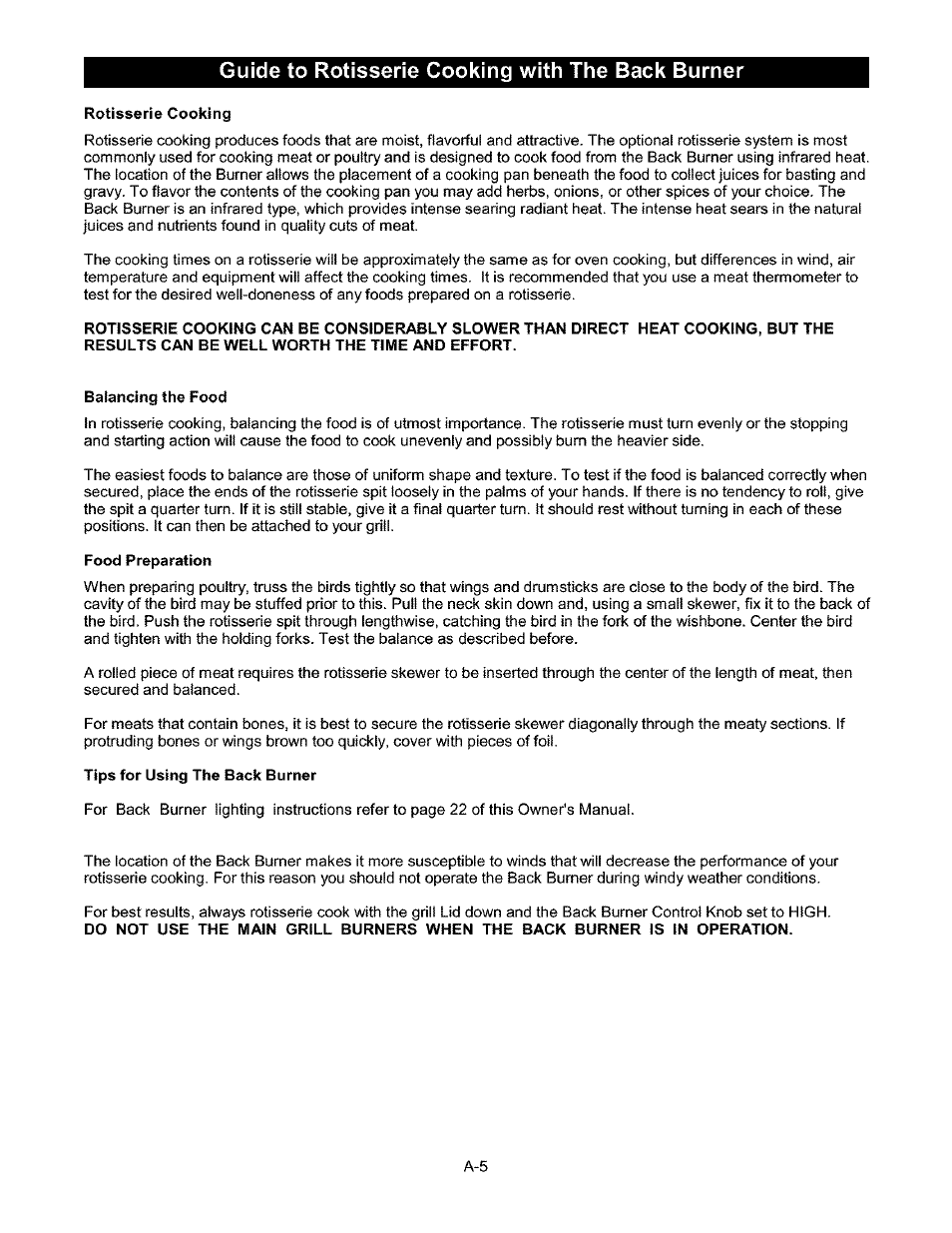 Guide to rôtisserie cooking with the back burner, Rôtisserie cooking, Balancing the food | Food preparation, Tips for using the sack burner | Kenmore 141.17337 User Manual | Page 34 / 43