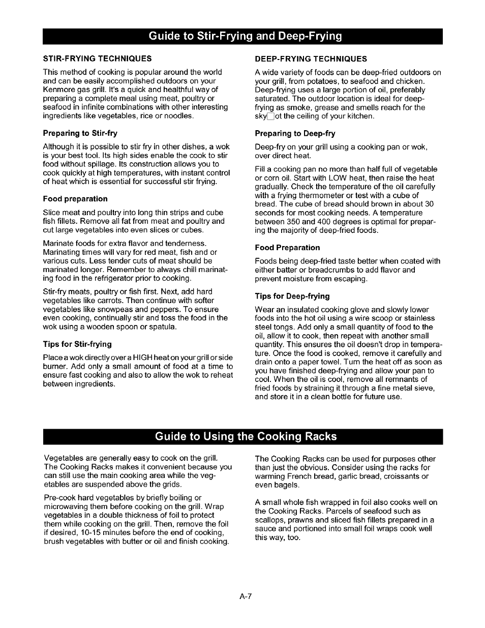 Guide to stir-frying and deep-frying, Stir-frying techniques, Preparing to stir-fry | Food preparation, Tips for stir-frying, Preparing to deep-fry, Tips for deep-frying, Guide to using the cooking racks | Kenmore 141.17337 User Manual | Page 36 / 43