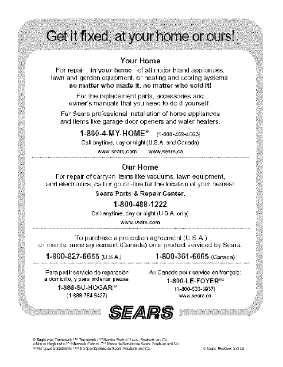 Get it fixed, at your home or ours, 8004.yy-home, Yoyr heme | Oyr heme, Ii li | Kenmore 141.17337 User Manual | Page 43 / 43