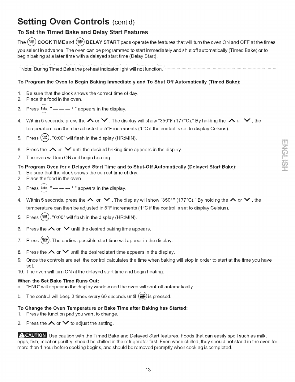 When the set bake time runs out, Setting oven controls, Cont’d) | Kenmore 790.7866 User Manual | Page 13 / 24