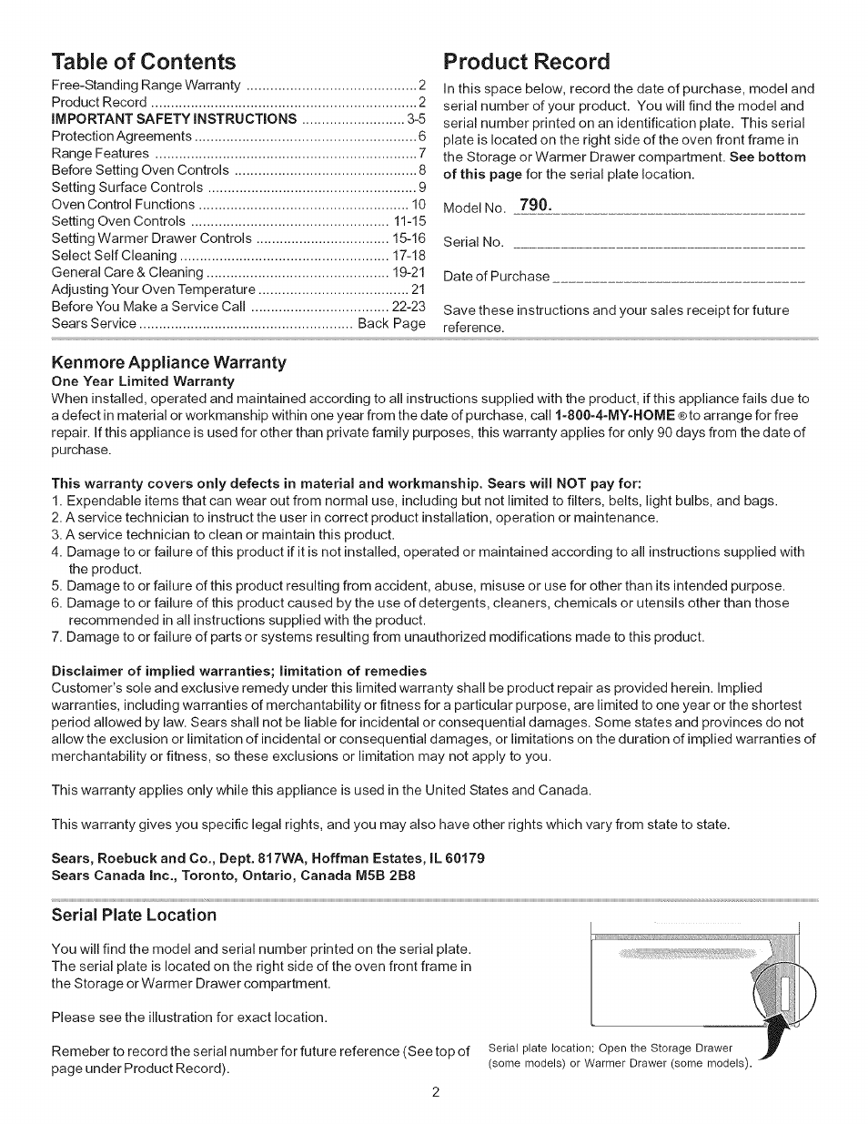 Table of contents product record, Kenmore appliance warranty, Serial plate location | Kenmore 790.7866 User Manual | Page 2 / 24