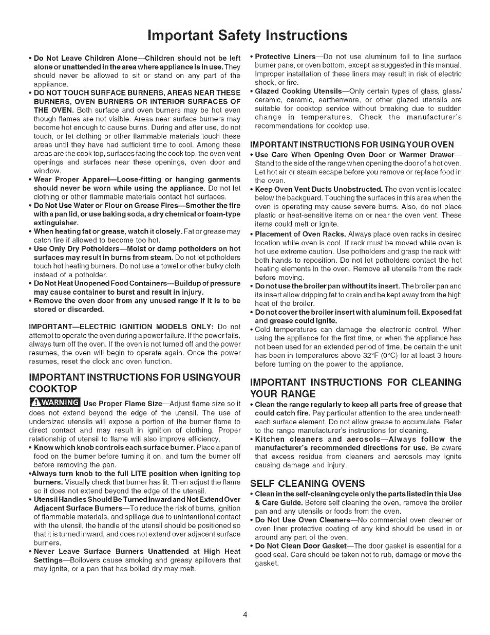 Important instructions for usingyour cooktop, Important instructions for usingyour oven, Important instructions for cleaning your range | Self cleaning ovens, Important safety instructions | Kenmore 790.7866 User Manual | Page 4 / 24