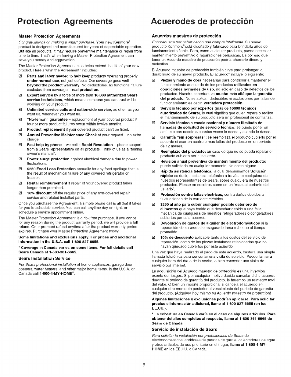 Protection agreements acuerodes de protección | Kenmore 790.7866 User Manual | Page 6 / 24