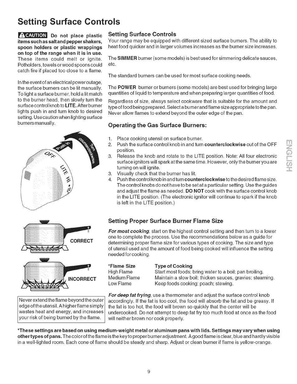 Setting surface controls, Operating the gas surface burners, Setting proper surface burner flame size | Flame size type of cooking | Kenmore 790.7866 User Manual | Page 9 / 24