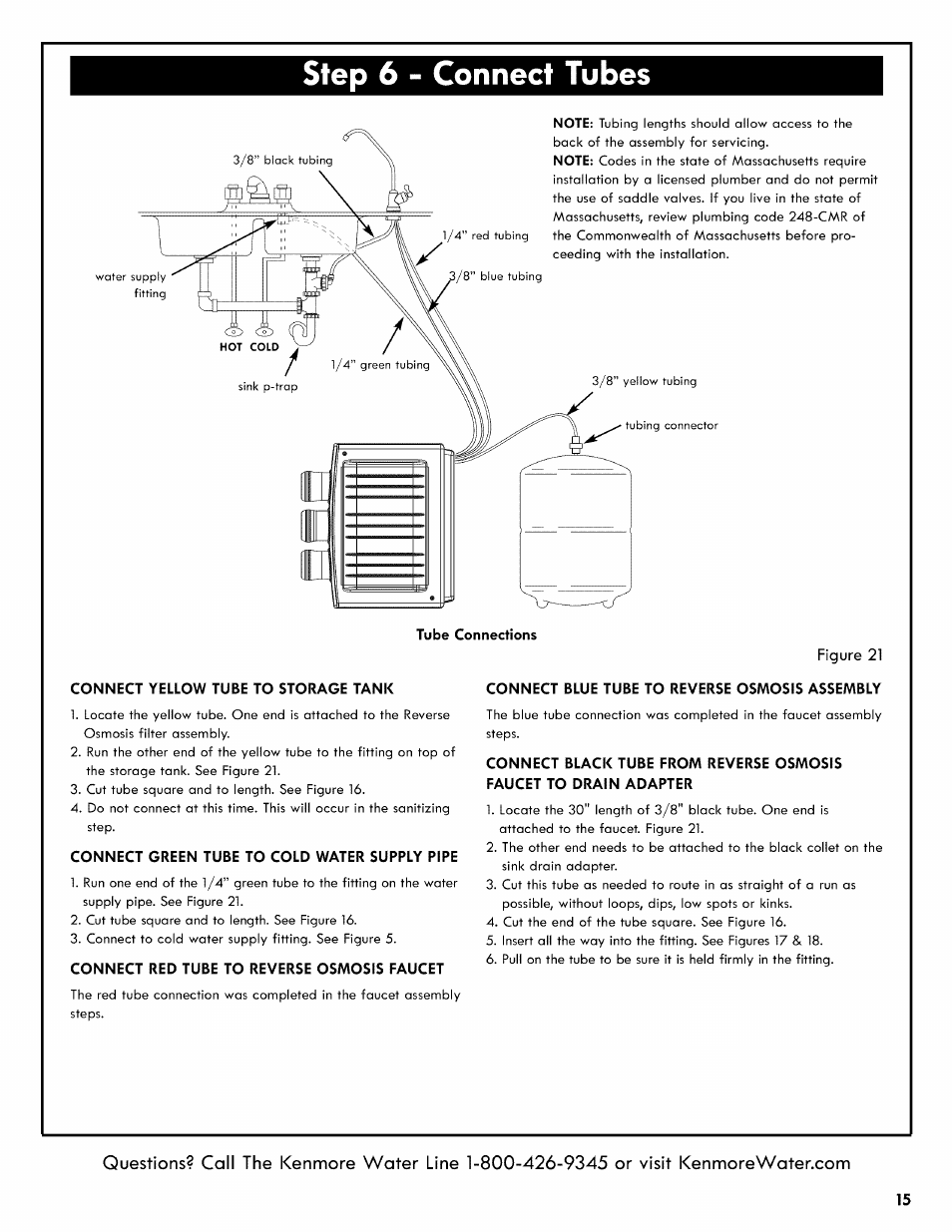 Step 6 - connect tubes, Tube connections, Connect yellow tube to storage tank | Connect green tube to cold water supply pipe, Connect red tube to reverse osmosis faucet, Connect blue tube to reverse osmosis assembly | Kenmore REVERSE OSMOSIS 625.38556 User Manual | Page 15 / 28