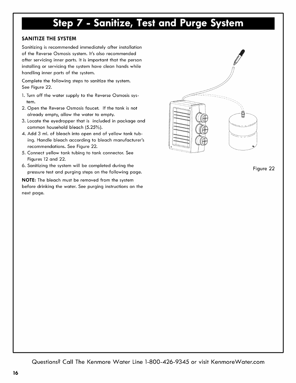 Step 7 - sanitize, test and purge system, Sanitize the system, Step 7-sanitize, pressure test, purge system -17 | Kenmore REVERSE OSMOSIS 625.38556 User Manual | Page 16 / 28