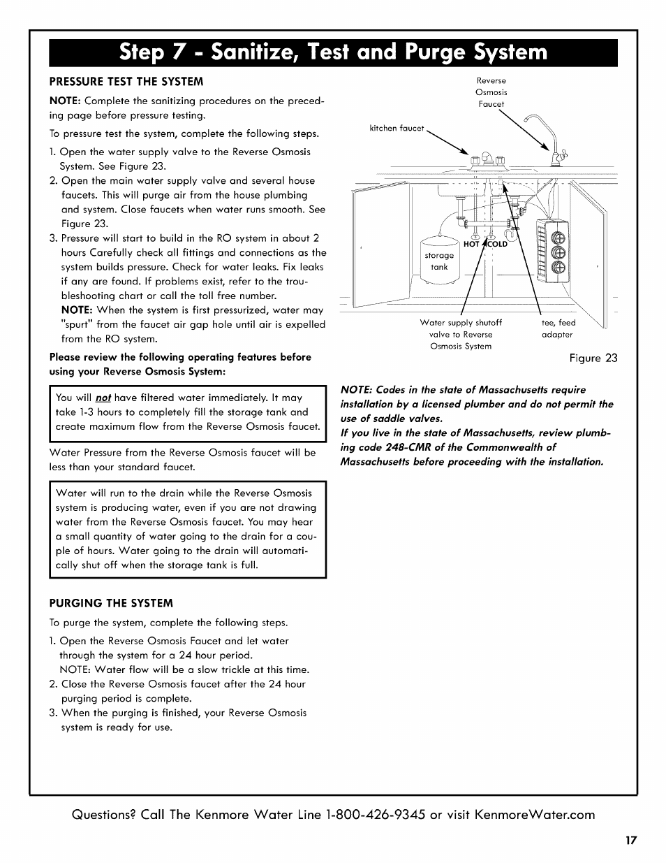 Step 7 - sanitize, test and purge system, Pressure test the system, Purging the system | Kenmore REVERSE OSMOSIS 625.38556 User Manual | Page 17 / 28