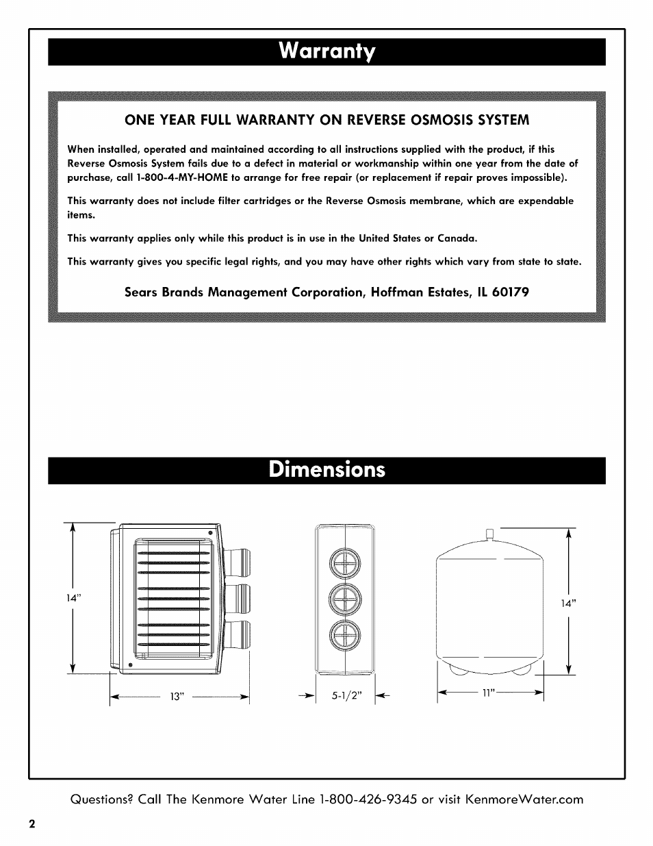 Warranty, Dimensions | Kenmore REVERSE OSMOSIS 625.38556 User Manual | Page 2 / 28