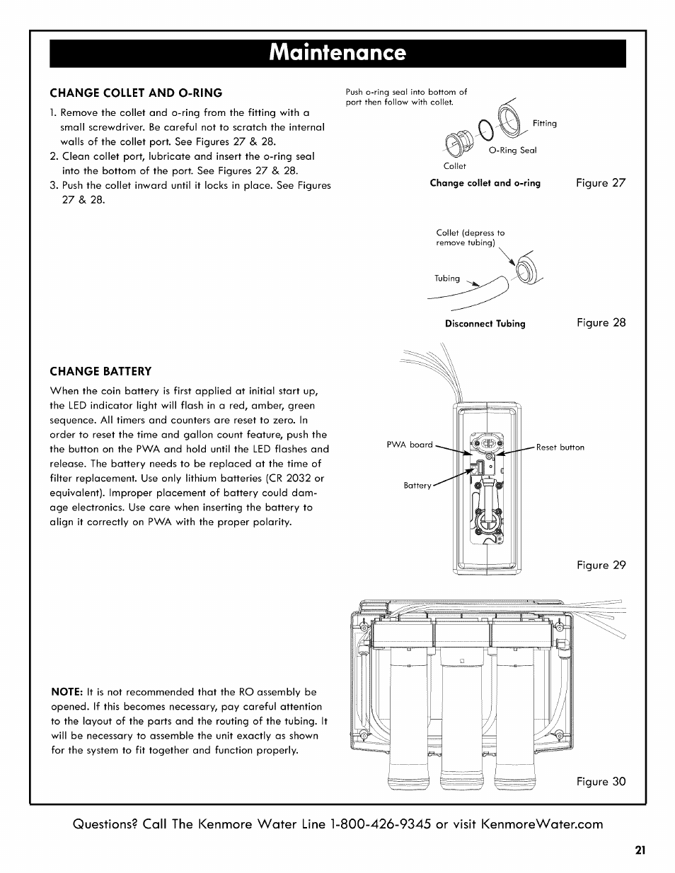 Maintenance, Change collet and o-ring, Change battery | Kenmore REVERSE OSMOSIS 625.38556 User Manual | Page 21 / 28