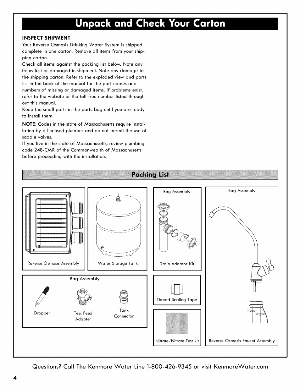 Unpack and check your carton, Inspect shipment, Packing list | Kenmore REVERSE OSMOSIS 625.38556 User Manual | Page 4 / 28