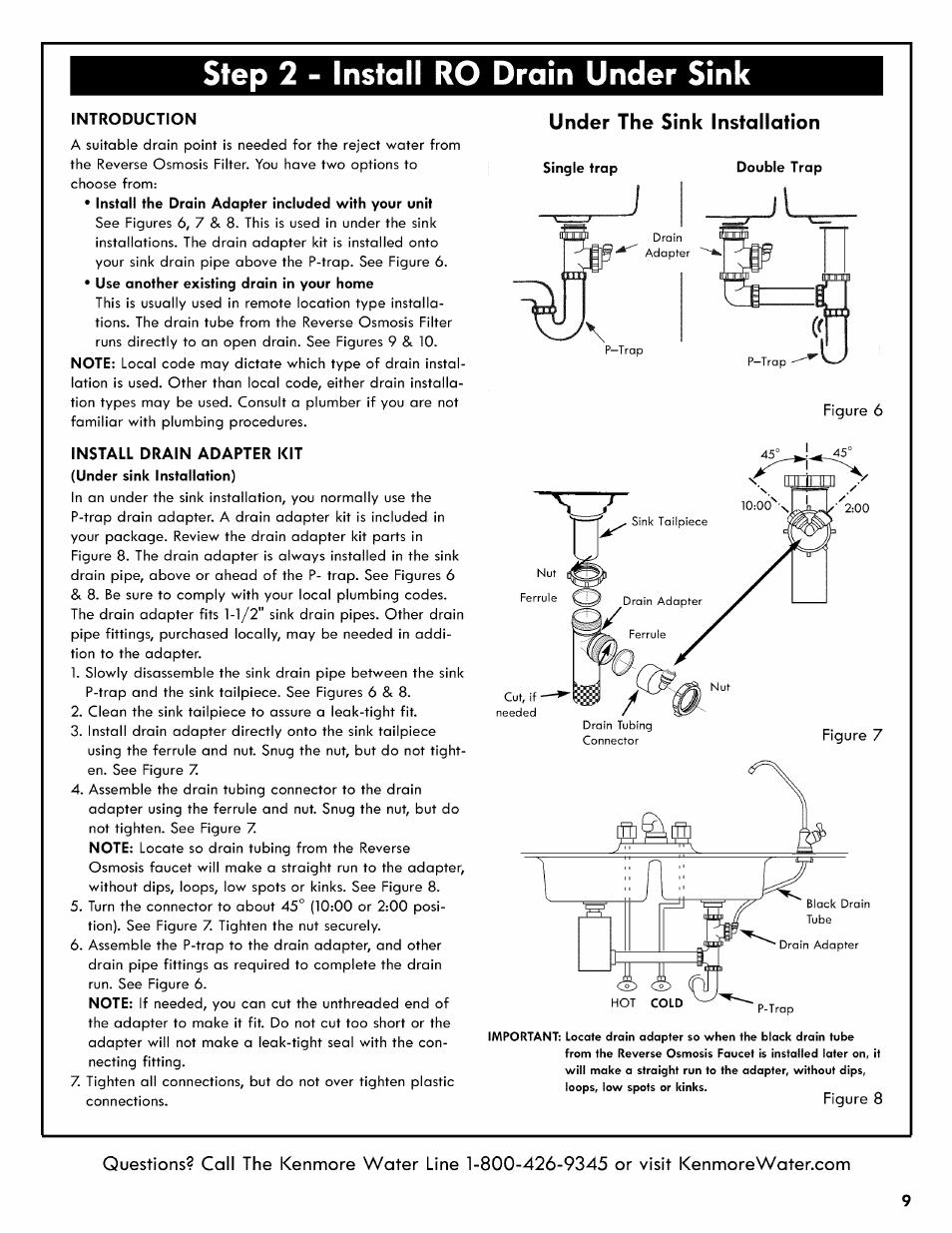 Introduction, Install drain adapter kit, Step 2 - install ro drain under sink | Under the sink installation | Kenmore REVERSE OSMOSIS 625.38556 User Manual | Page 9 / 28