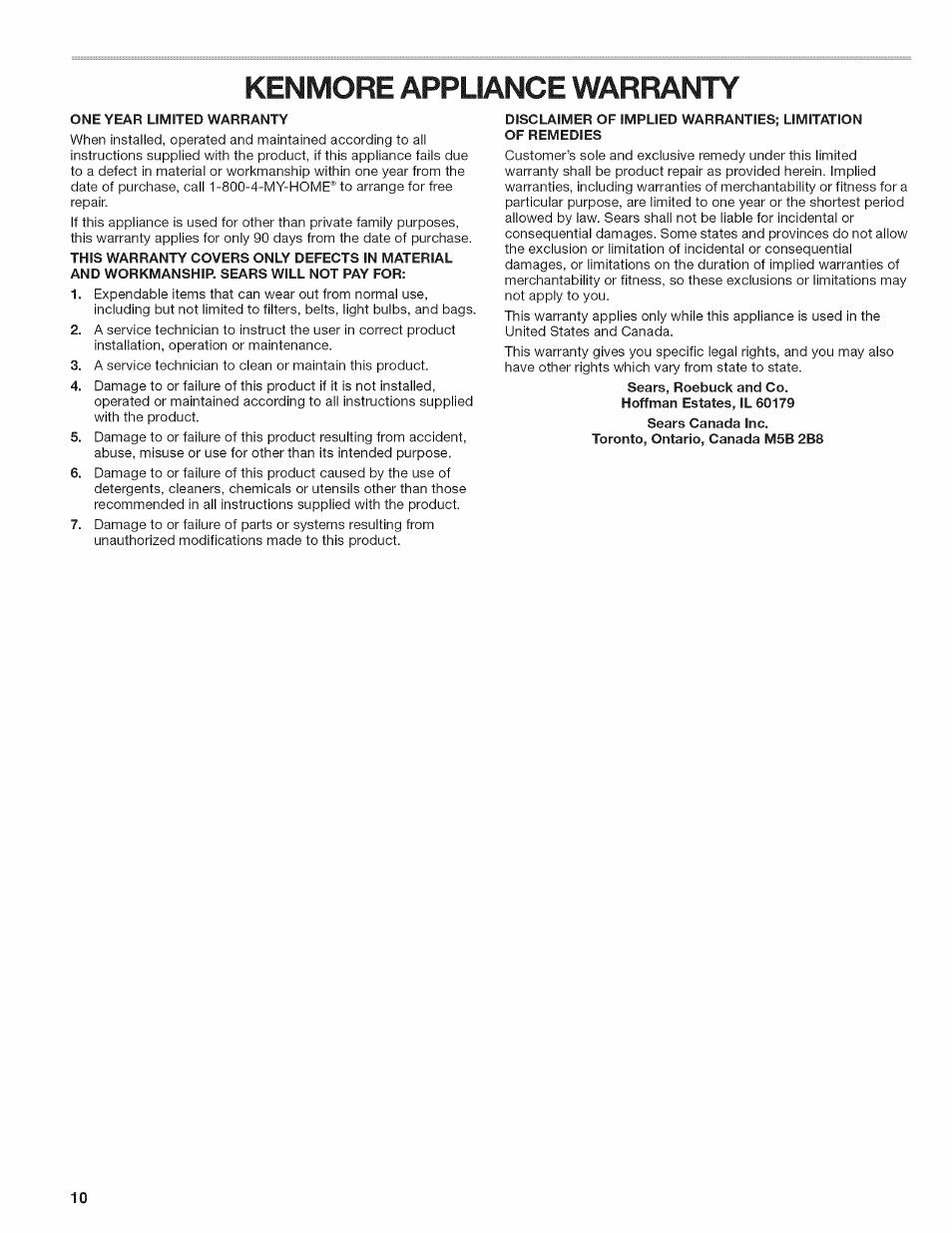Kenmore appliance warranty | Kenmore W10026670B User Manual | Page 10 / 32