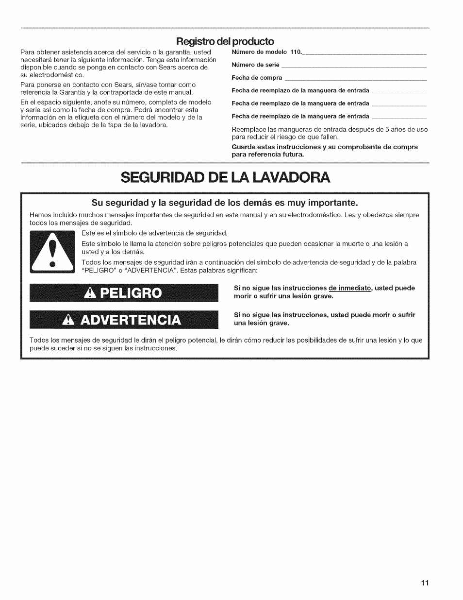 Seguridad de la lavadora, A peligro a advertencia, Registro dei producto | Kenmore W10026670B User Manual | Page 11 / 32
