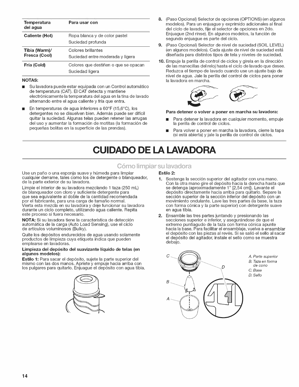 Cuidado de la lavadora | Kenmore W10026670B User Manual | Page 14 / 32