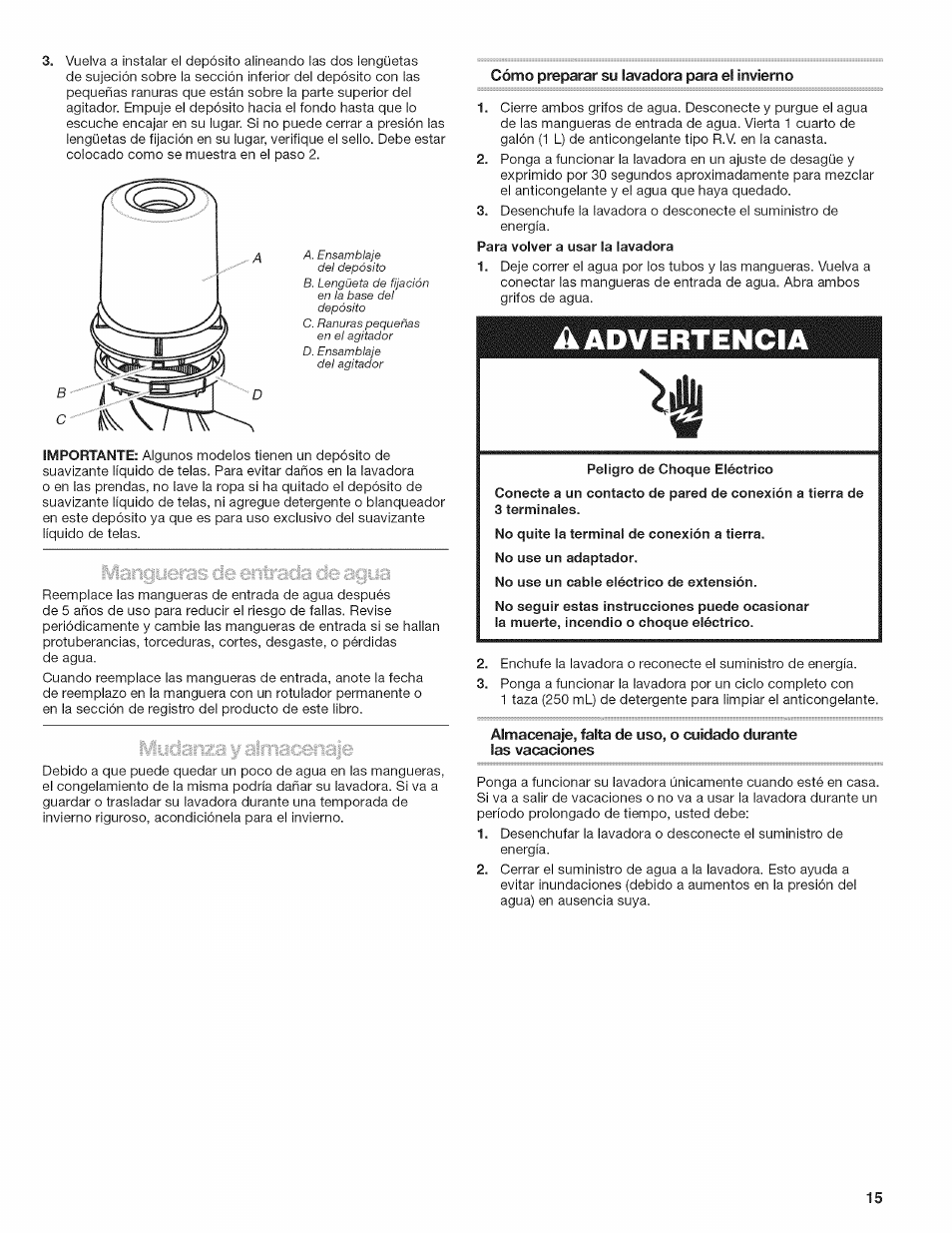 Cómo preparar su lavadora para el invierno, Aadvertencia | Kenmore W10026670B User Manual | Page 15 / 32