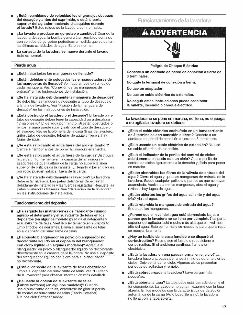 Pierde agua, Funcionamiento del depósito, A advertencia | Kenmore W10026670B User Manual | Page 17 / 32
