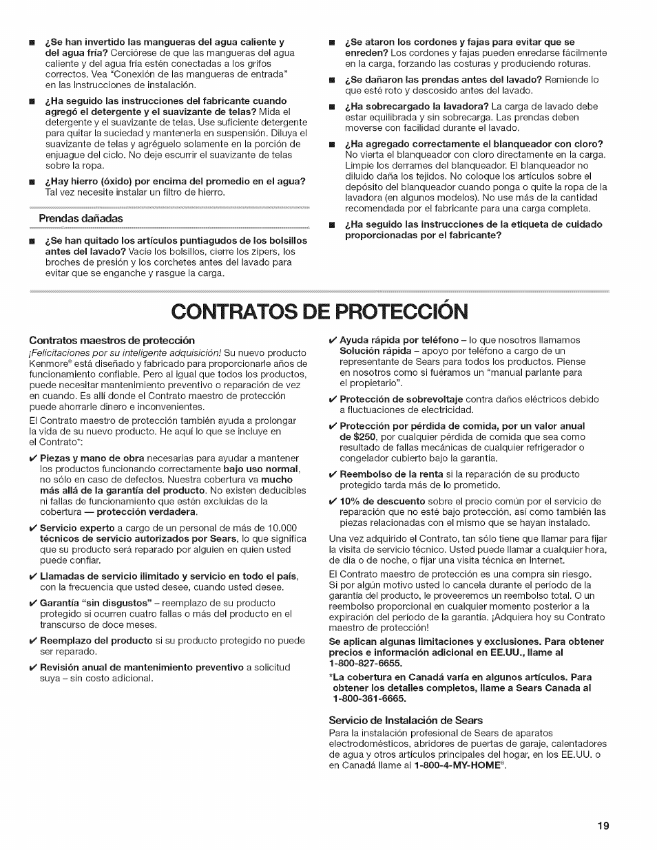 Prendas dañadas, Contratos maestros de protección, Servicio de instalación de sears | Contratos de proteccion | Kenmore W10026670B User Manual | Page 19 / 32