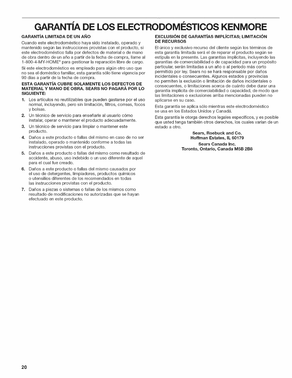 Garantia de los electrodomesticos kenmore | Kenmore W10026670B User Manual | Page 20 / 32