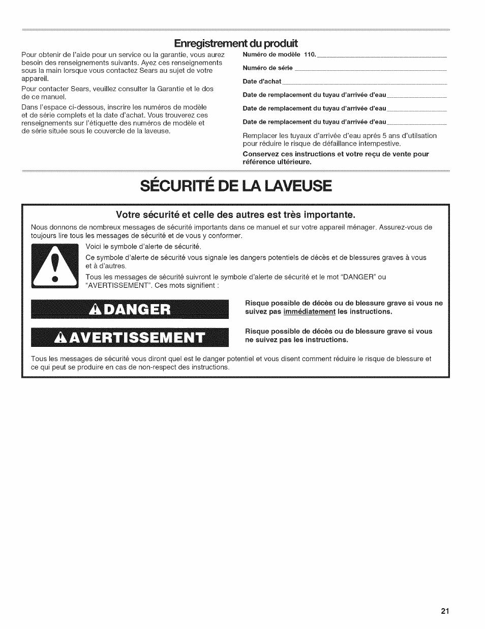 Securite de la laveuse, Adanger ▲ avertissement, Enregistrement du produit | Kenmore W10026670B User Manual | Page 21 / 32