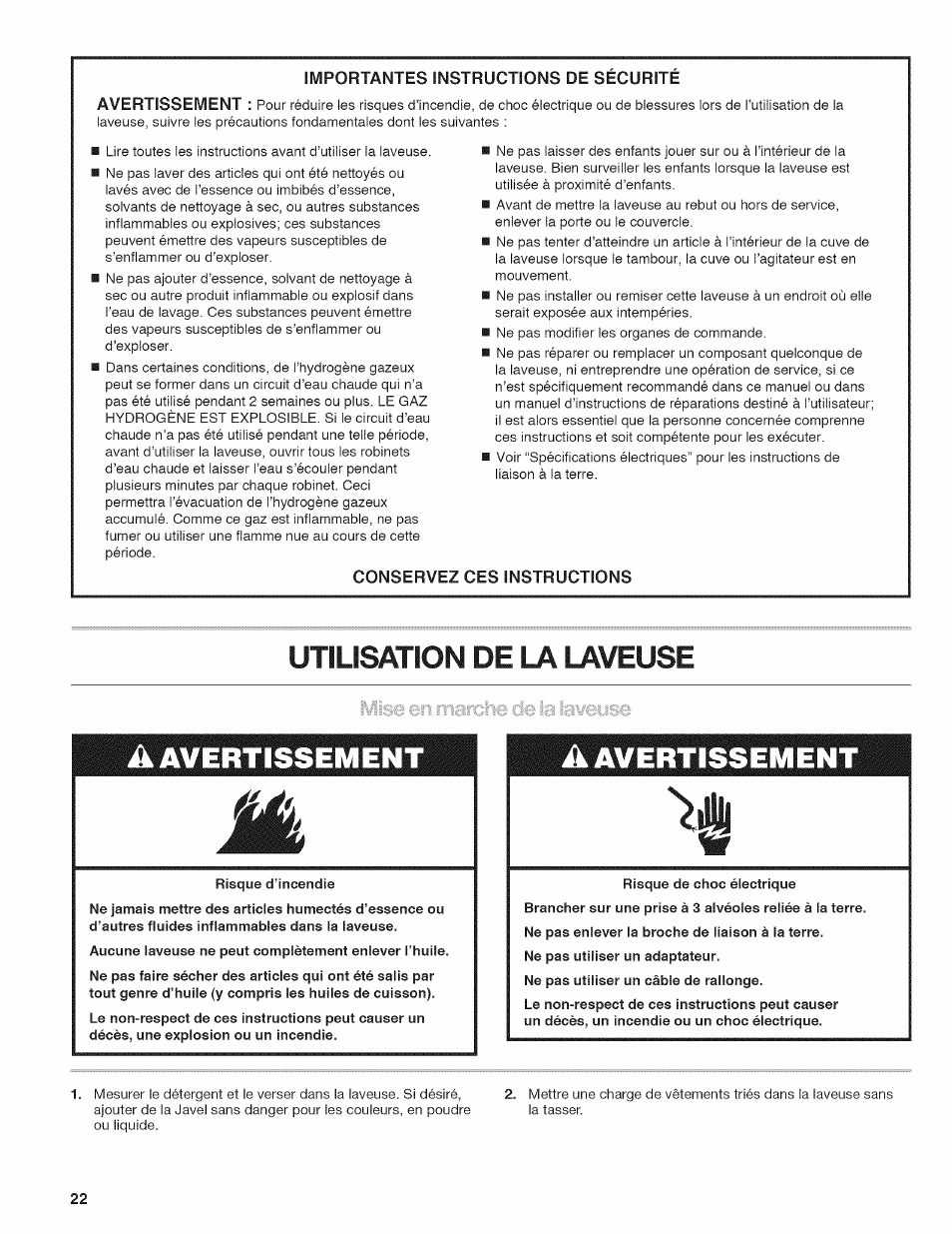Utilisation de la laveuse, A avertissement | Kenmore W10026670B User Manual | Page 22 / 32