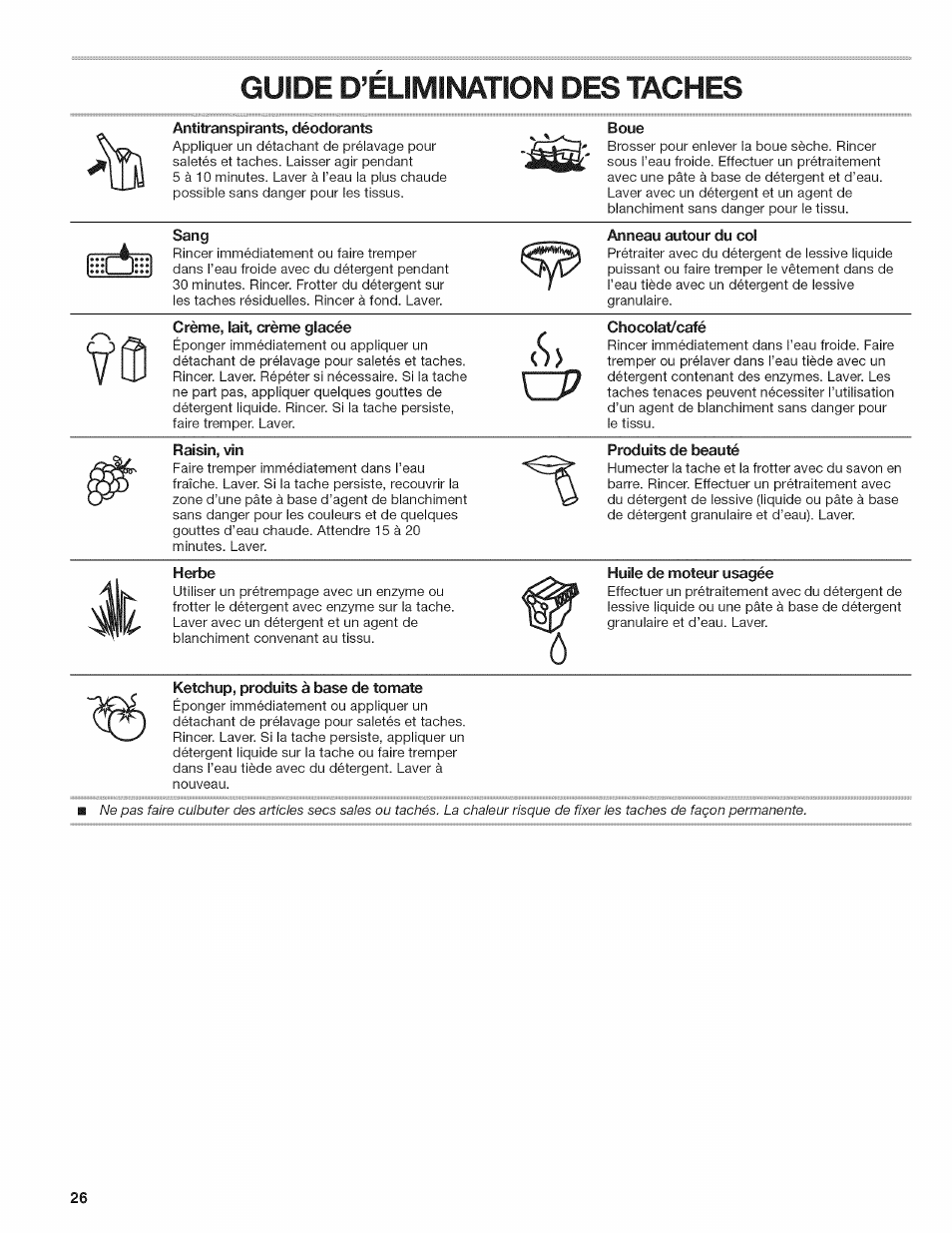 Antitranspirants, déodorants, Boue, Sang | Anneau autour du col, Chocolat/café, Produits de beauté, Herbe, Huile de moteur usagée, Ketchup, produits à base de tomate, Guide d’elimination des taches | Kenmore W10026670B User Manual | Page 26 / 32